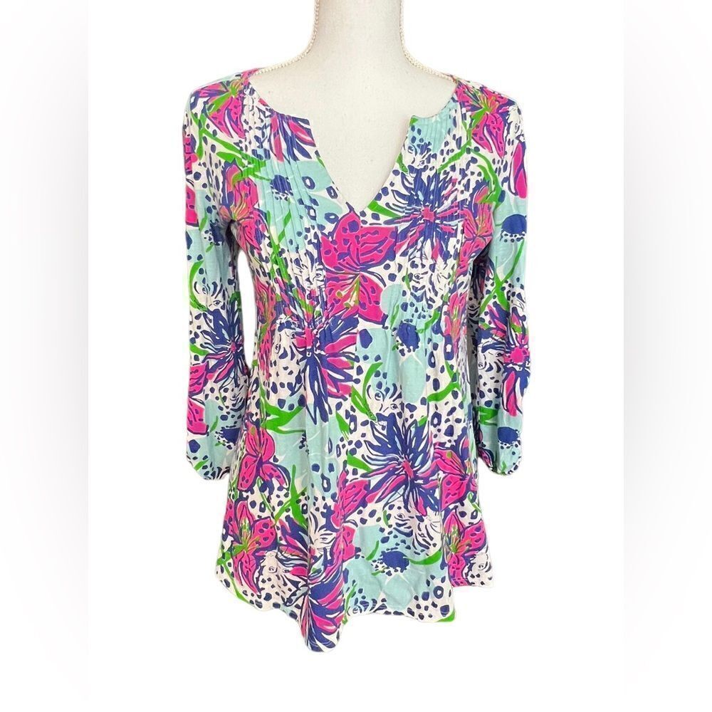 Lilly Pulitzer Womens Braylen Tunic Top Shirt "In The Garden" Print Pink Size S